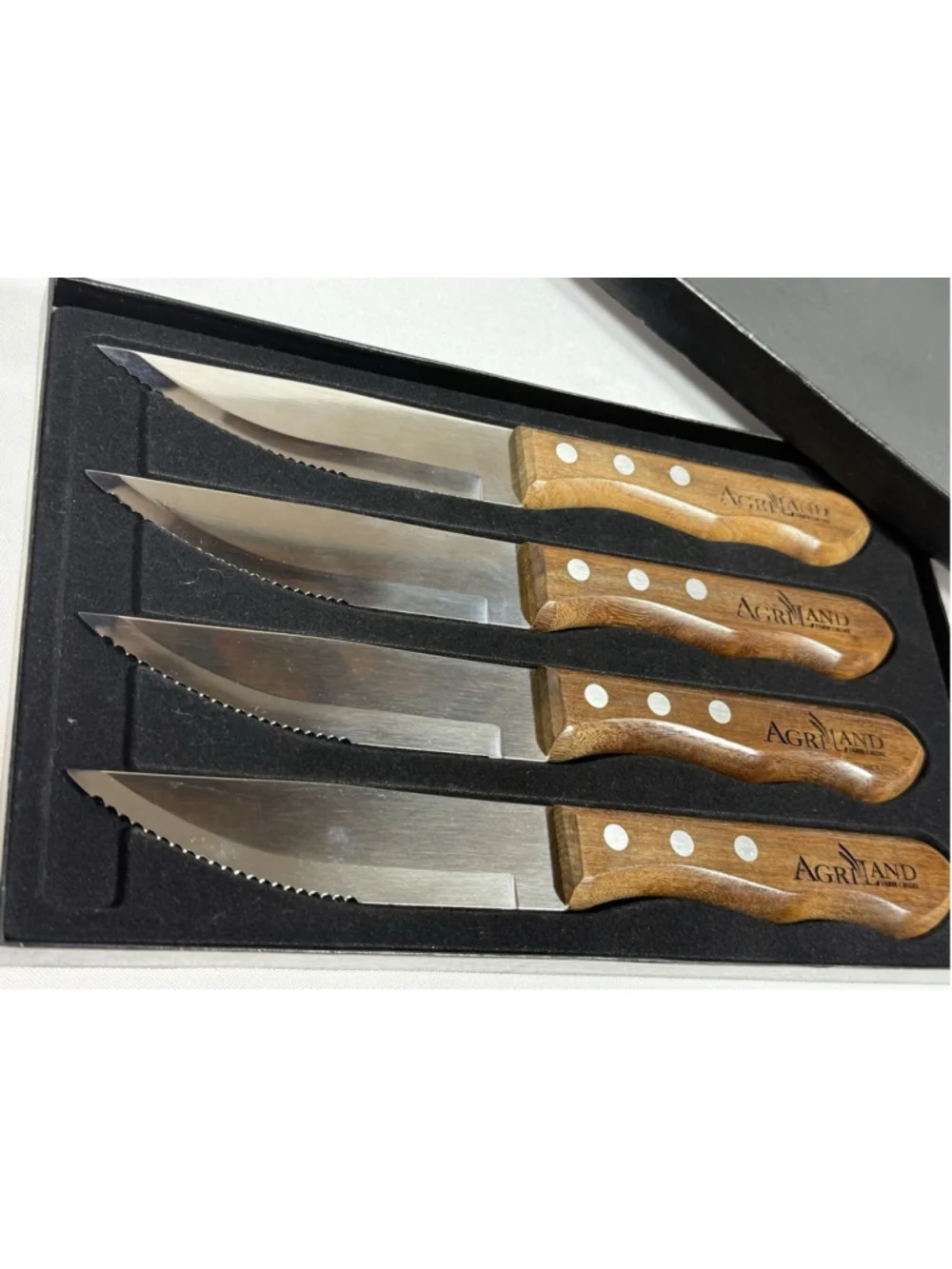 Agriland Farm Credit 4 Pc Steak Knife Set Wood Handles Serrated Blades Box Promo